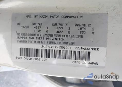 1999 Mazda Millenia from USA, damaged, VIN JM1TA221XX1501221